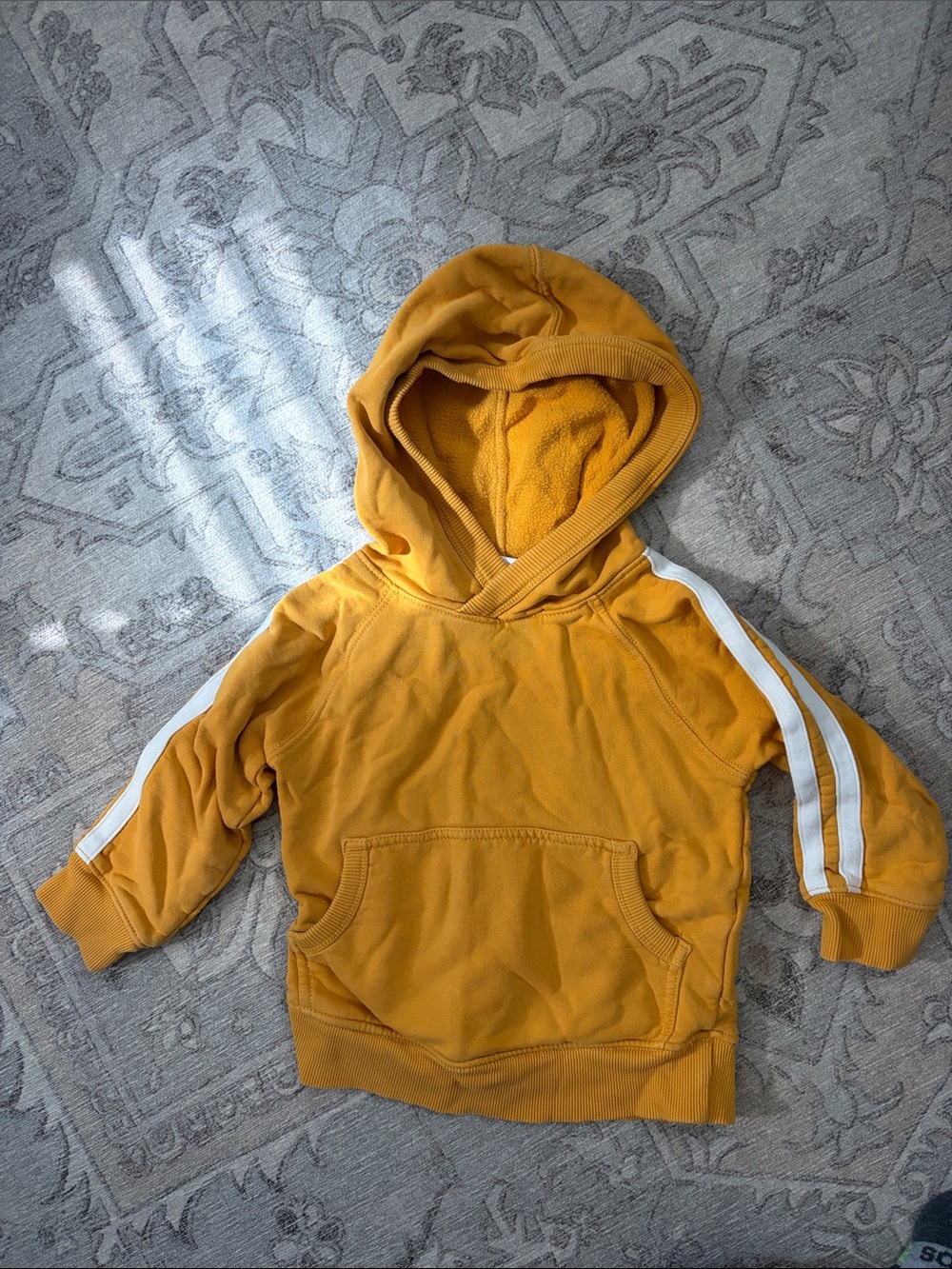 Hanna Andersson Kids' Mustard Hooded Pullover with White Sleeve Stripes